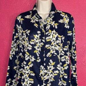 Chloe navy, yellow, blue floral button down cotton blouse.